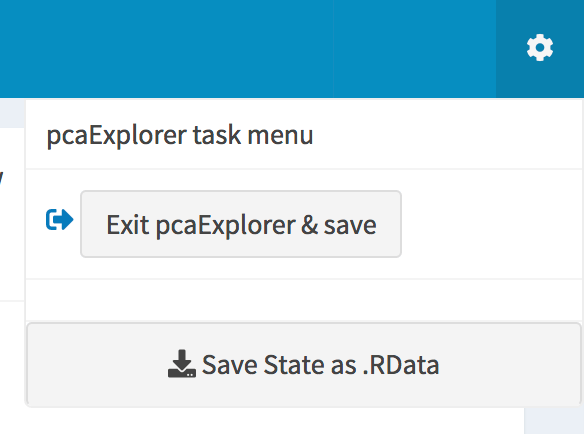 The pcaExplorer task menu. Buttons for saving the session to binary data or to a dedicated environment are displayed.