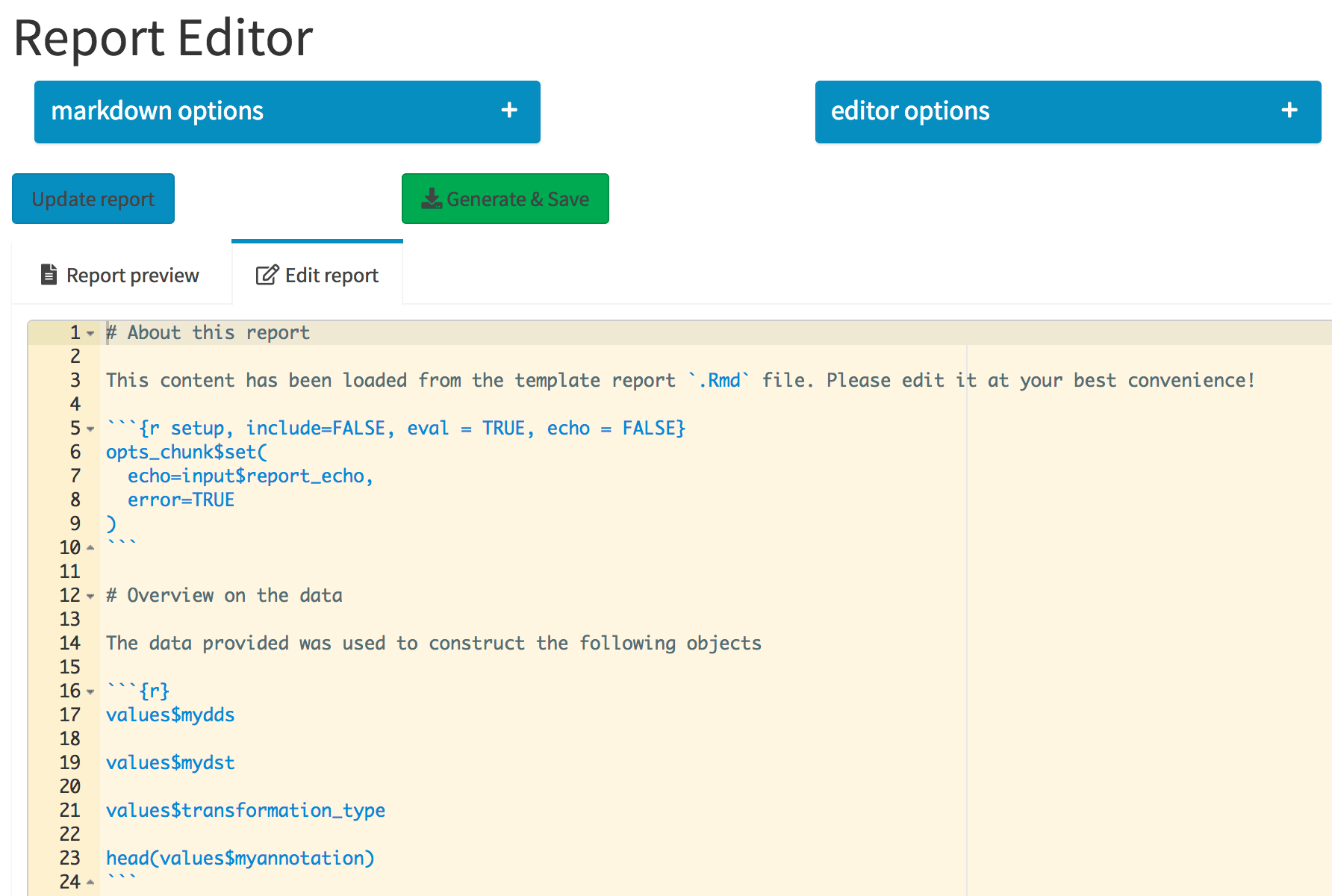 The Report Editor tab. The collapsible elements control general markdown and editor options, which are regarded when the report is compiled. Its content is specified in the Ace editor, integrated in the Shiny app.
