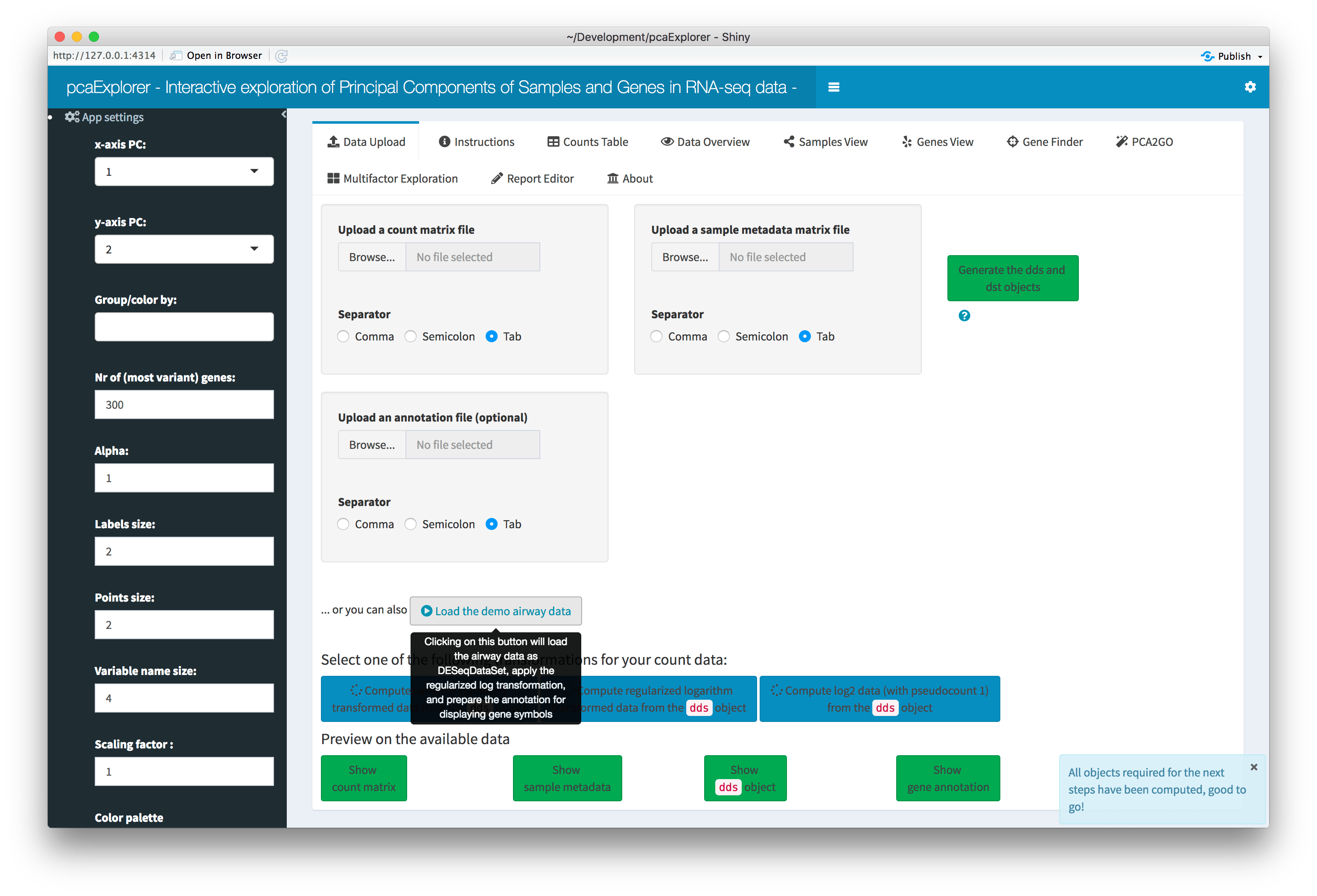 Overview of the Data Upload panel. After clicking on the 'Load the demo airway data' button, all widgets are automatically populated, and each data component (count matrix, experimental data, dds object, annotation) can be previewed in a modal window by clicking on its respective button.