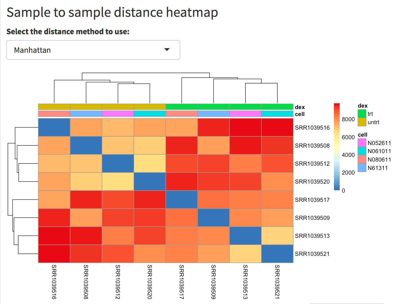 Screenshot of the sample to sample heatmap. Selected is the Manhattan distance, but Euclidean and correlation-based distance are also provided as options. In this case, the user has also selected the dex and cell factors in the 'Group/color by' widget in the sidebar menu, and these covariates decorate the heatmap to facilitate identification of patterns.